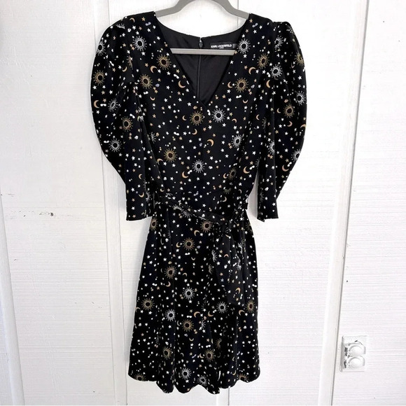 KARL LAGERFELD Paris Celestial Sun/Moon/Stars V-Neck Tie Waist Fit & Flare Dress - Picture 1 of 9